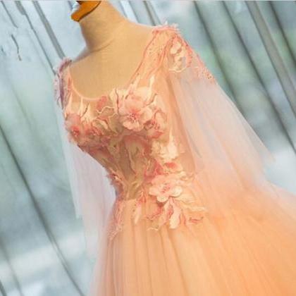 Elegent Floral Appliques Prom Dress Pink Tulle..