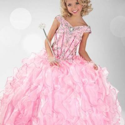 Pink Organza Girl's Pageant Dresses Off Shoulder Rhinestones Ruffles Girl Ball Gown