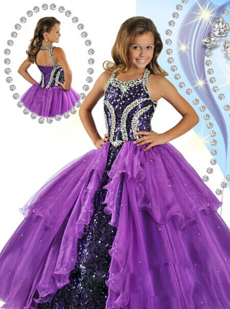 Purple Ball Gown Halter Beads Sequins Custom Made Organza Floor Length Girls Pageant Dresses W03