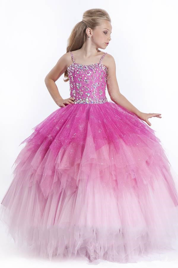 Girl's Pageant Dresses 2014 Spaghetti Pink Sky Bluetulle Ball Gown Flower Girl Gowns Sequins Beads Tiers Rhinestones Dress Floor-length