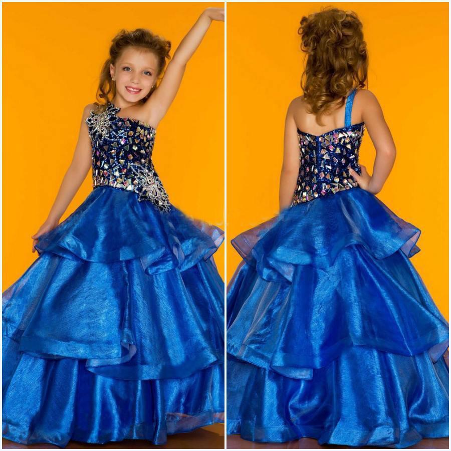 Royal Blue One Shoulder Girl's Pageant Dresses Tiered Organza  Rhinestone/crystal Floor Length C on Luulla