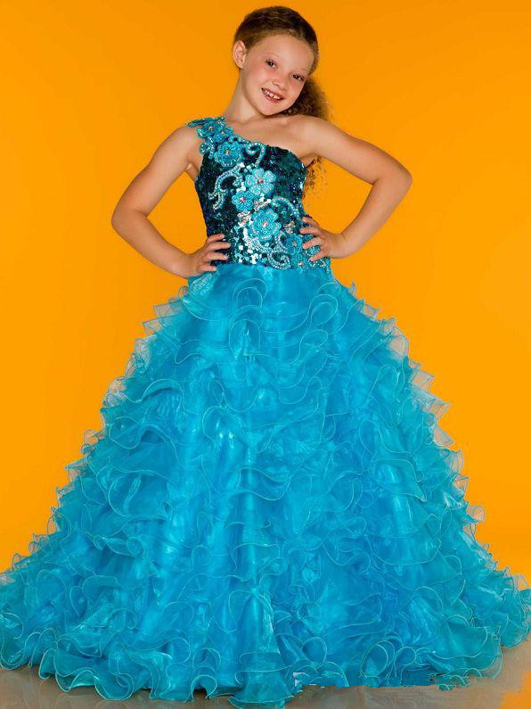 2016 Purple/blue Organza One Shoulder Sequins Bodice Ball Gown Pageant Girl's Dresses Flower Girl