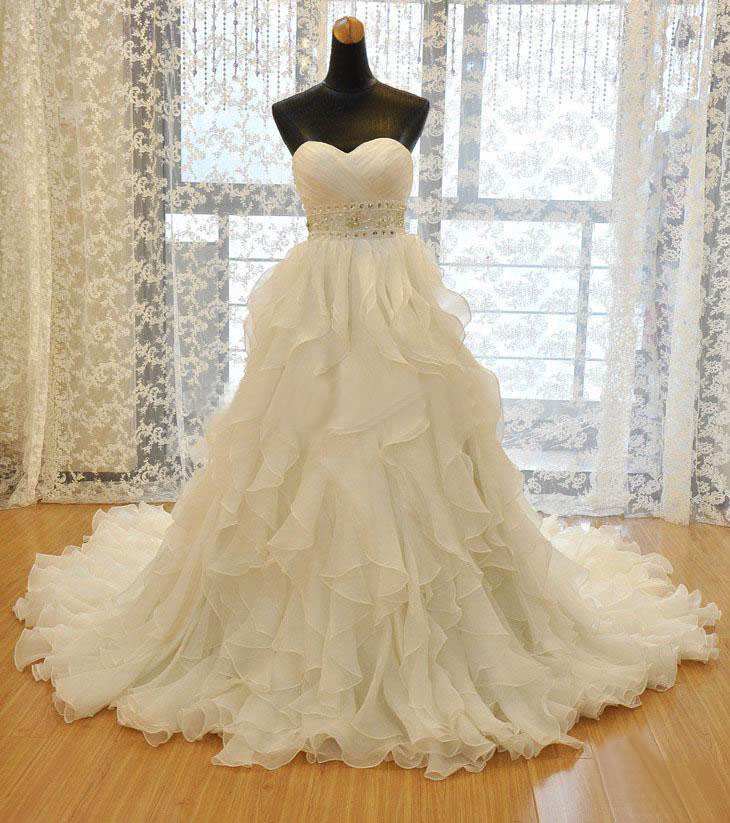 Tulle Sweetheart Floor Length Frilled Wedding Gown Featuring Beaded Embellished Belt, Lace-up Back And Train