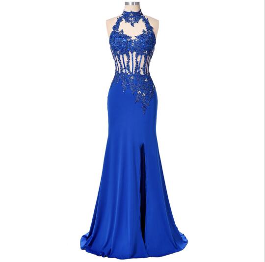 Blue Prom Dress 2017 Sexy See Through Backless High Split Formal Dress Long Beaded Sequin Mermaid Prom Dresses Sexy Clairvoyant Outfit