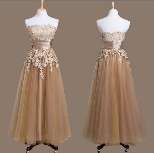 Custom Made Bandeau Neckline Lace Applique Tulle A-line Evening Dress, Bridesmaid Dresses, Weddings, Prom Dresses